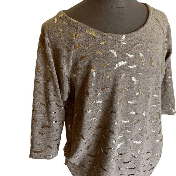 SjS Women's size 2X heather peach gray 3/4 sleeve Metallic gold leaf Sweater - Picture 7 of 10
